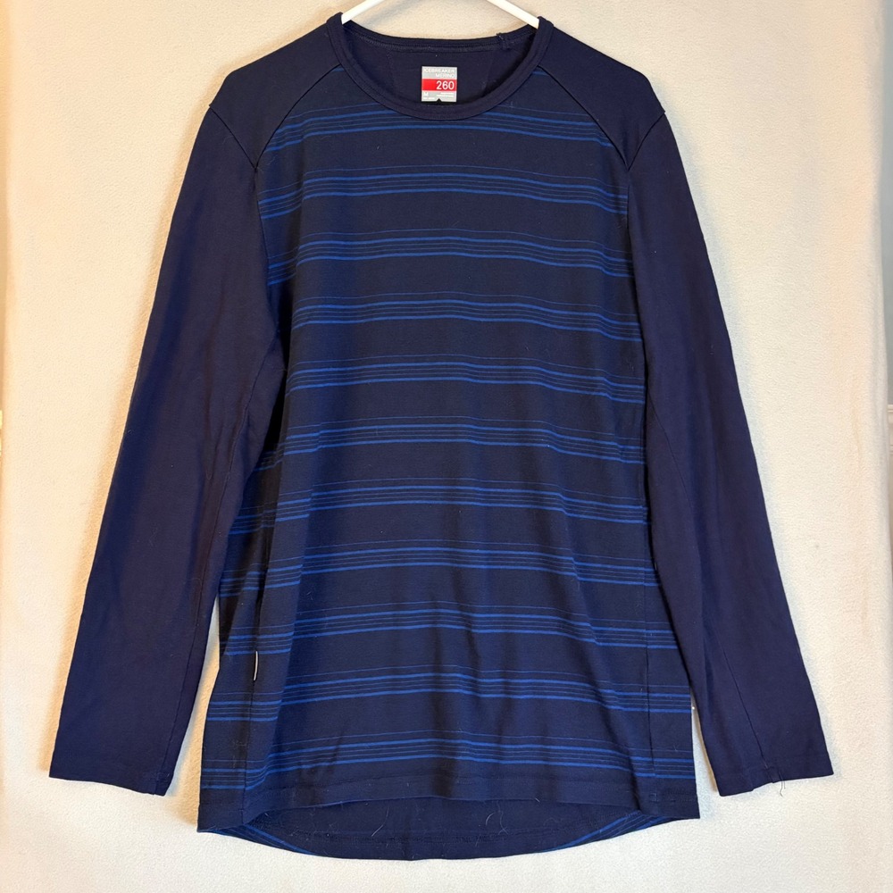 Icebreaker Merino 260 Mens Base Layer Top Navy Blue Striped 100% Wool Thermal M